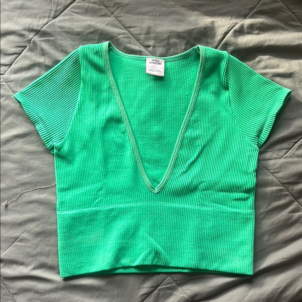 Urban Outfitters Bright Green Ribbed Deep V Crop Top